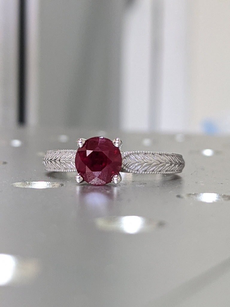 2ct Ruby Engagement Ring, 14k White Gold Maribel Hand Engraved Ruby Vintage Ring, Vintage Ruby Ring, Engraved Unique Ruby Engagement Ring