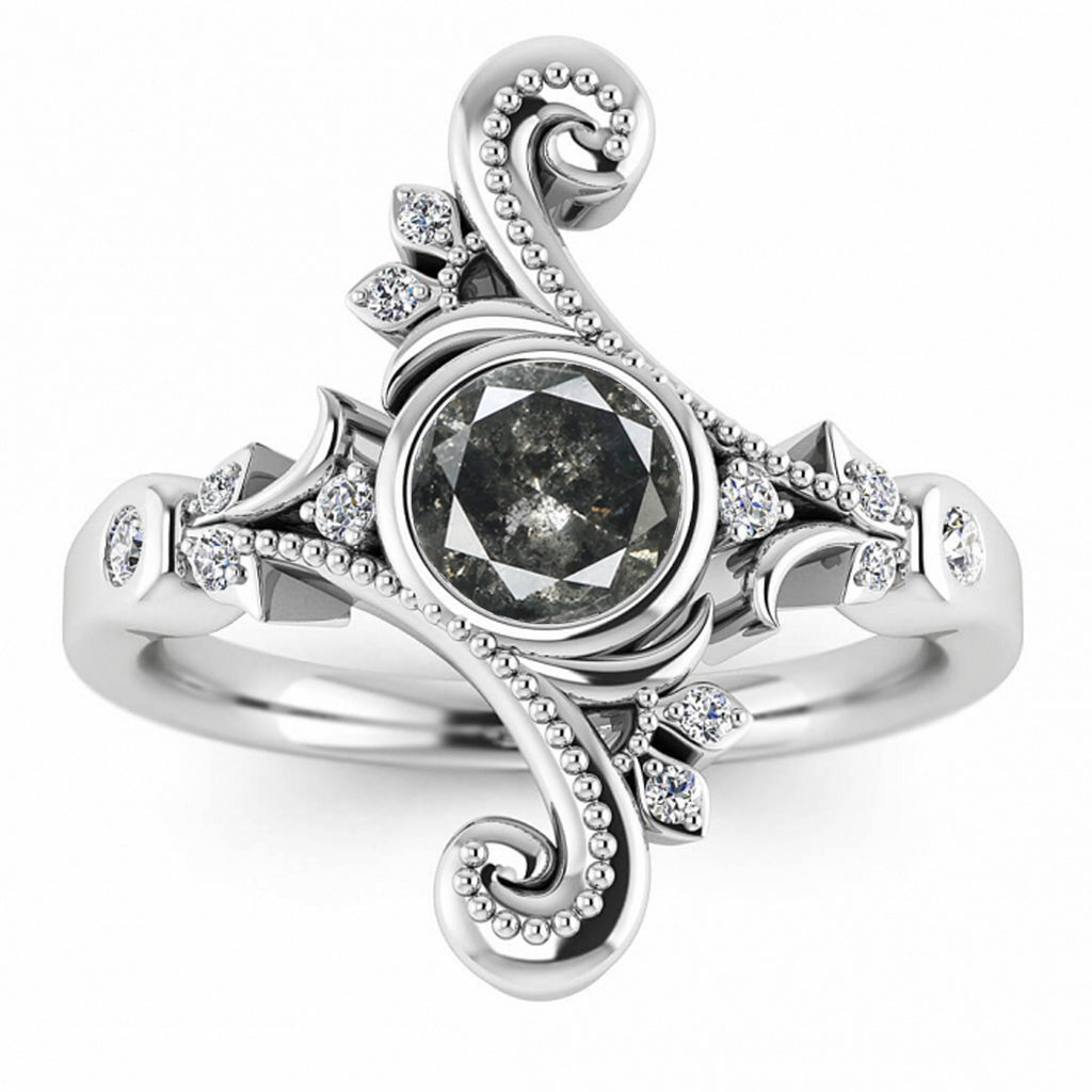 Raw Salt And Pepper Diamond Ring White Gold Unique Salt And Pepper Diamond Engagement Ring (1/8 Ct. Tw.)Bezel Ring,Tapered Shoulders,Hadley