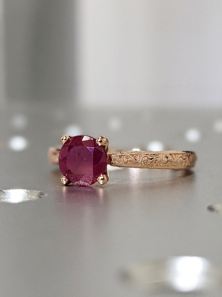 Vintage Ruby Engagement Ring 14k rose gold hand engraved ruby ring, cathedral setting, high profile prongs, hand engraving Everleigh