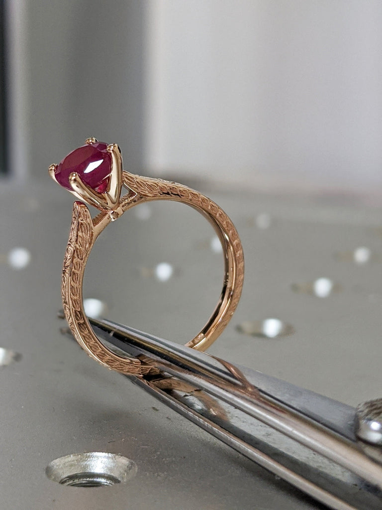 Vintage Ruby Engagement Ring 14k rose gold hand engraved ruby ring, cathedral setting, high profile prongs, hand engraving Everleigh