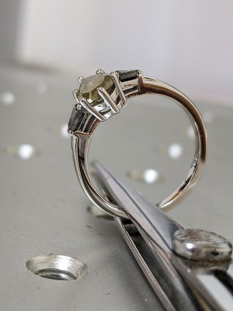Pear Shaped Salt And Pepper Diamond Set, Yellow Diamond Baguette Ring, Salt And Pepper Tapered Baguette Pear Ring, Pear Engagement Ring