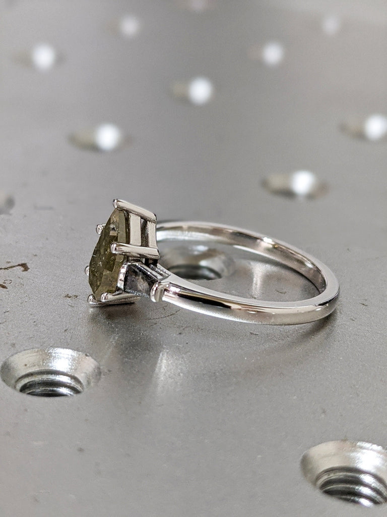 Pear Shaped Salt And Pepper Diamond Set, Yellow Diamond Baguette Ring, Salt And Pepper Tapered Baguette Pear Ring, Pear Engagement Ring