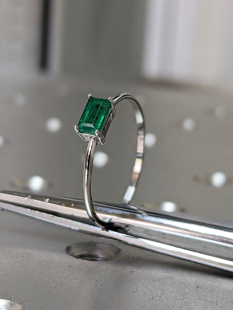 Emerald Ring, Baguette Emerald Ring, 14k Solid White Gold Minimalist Emerald Ring, Stacking Emerald Ring, Emerald Jewelry, May Birthstone