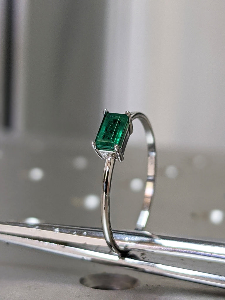 Emerald Ring, Baguette Emerald Ring, 14k Solid White Gold Minimalist Emerald Ring, Stacking Emerald Ring, Emerald Jewelry, May Birthstone