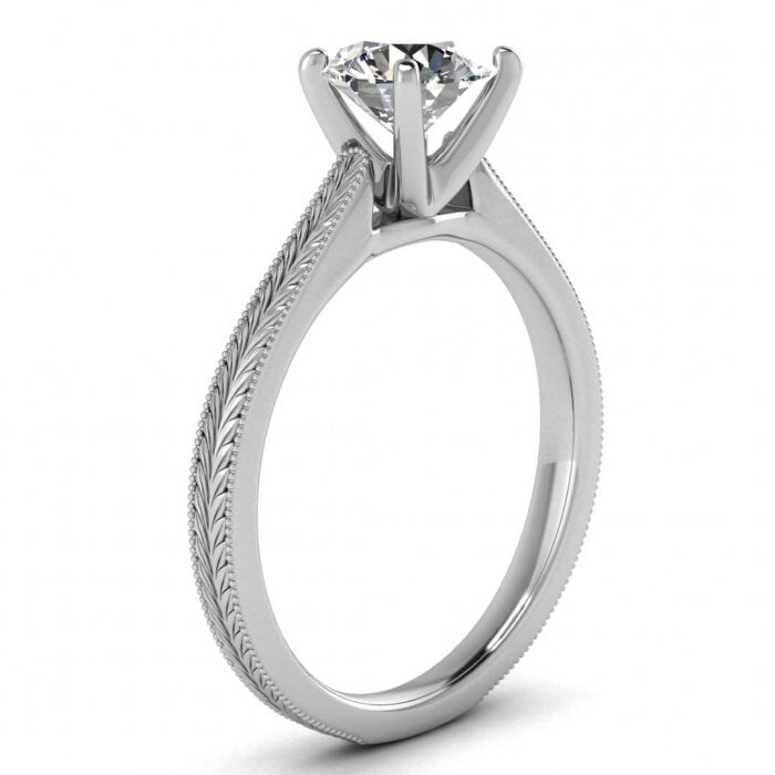 White Gold Milgrained Oval Moissanite Ring Cathedral , High Profile Prongs, Hand Engraving, Milgrain Clio