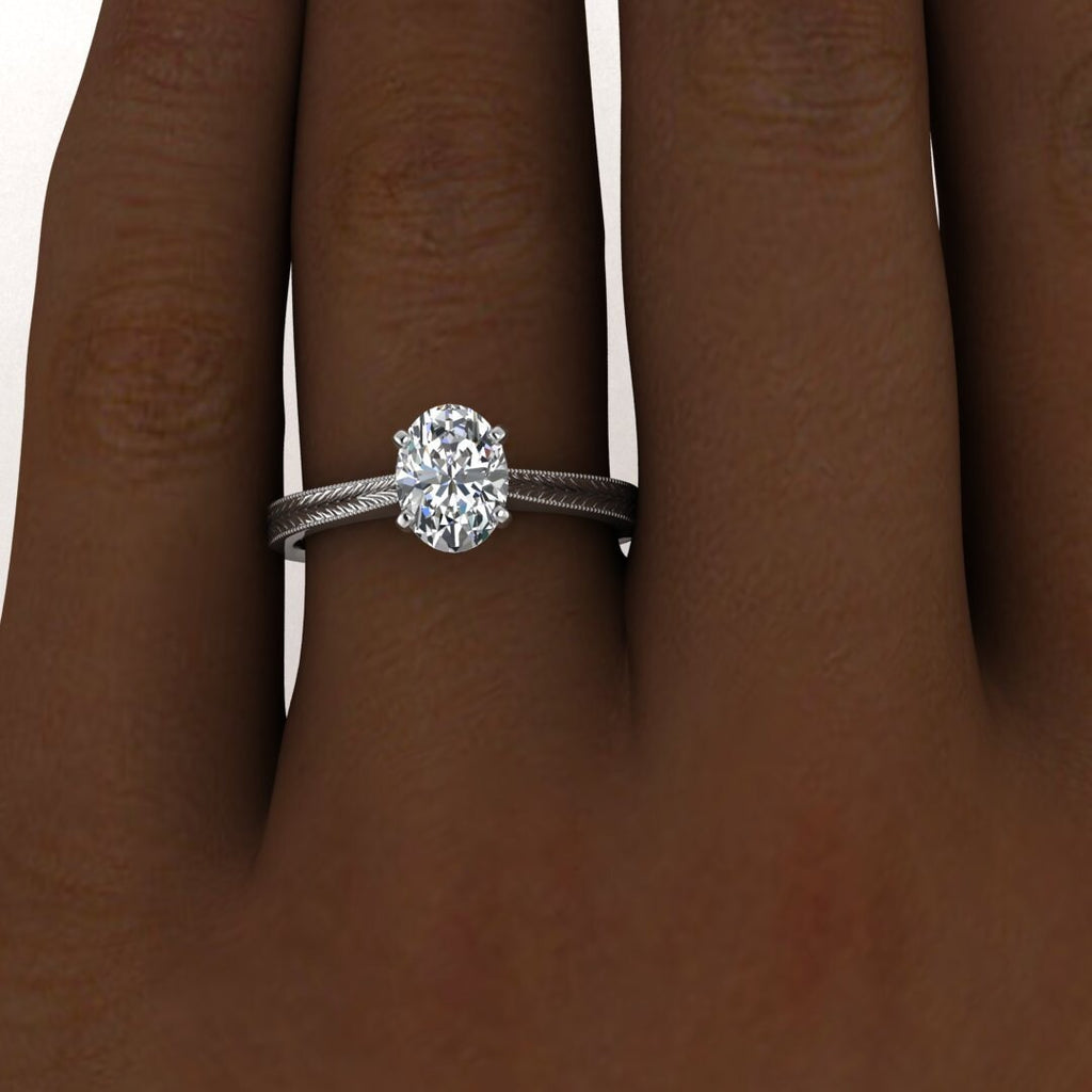 White Gold Milgrained Oval Moissanite Ring Cathedral , High Profile Prongs, Hand Engraving, Milgrain Clio