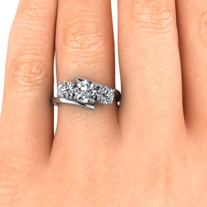 White Gold Offset 3 Stone Moissanite Ring (1 Ct. Tw.) Offset Basket Setting, Twisted Band, 3 Stone Ring Doreen