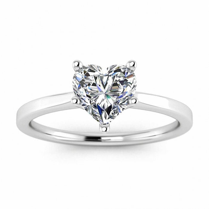 White Gold Petite Heart Shaped Moissanite Solitaire Ring Delicate Band, Flat Top Band, Engagement Ring Dovey