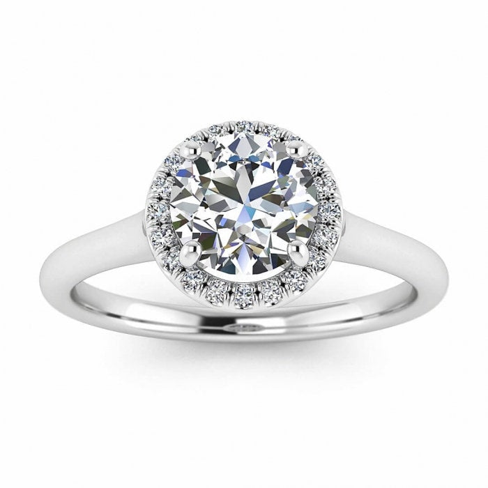 White Gold Halo Moissanite Engagement Ring (1/9 Ct. Tw.) Rounded Band, Paved Halo, Solitaire Pave, Open Gallery Elsa