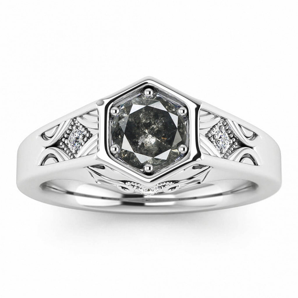 Raw Salt And Pepper Diamond Ring White Gold Hexagon Salt And Pepper Diamond Ring,6 Prong Low Setting,Hexagon Design, Hand Engraved, Adalynn