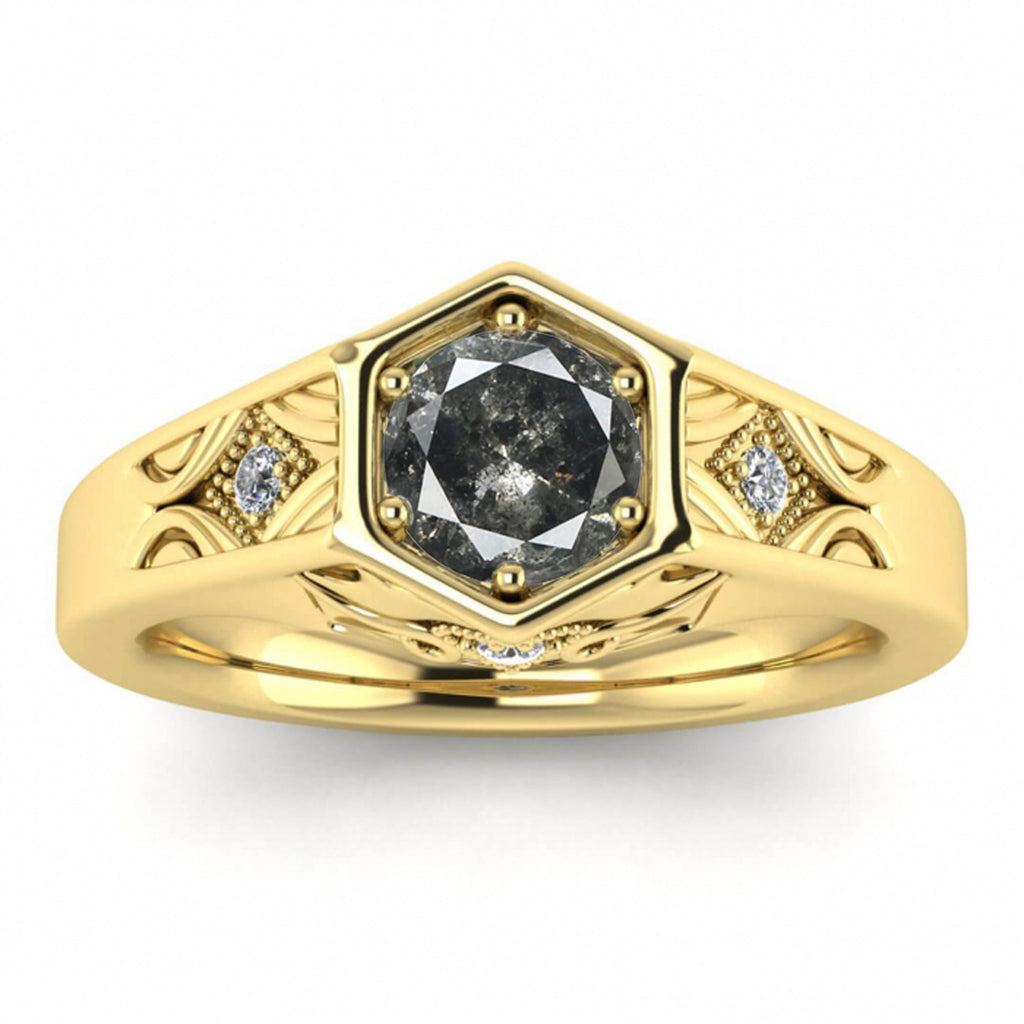 Raw Salt And Pepper Diamond Ring White Gold Hexagon Salt And Pepper Diamond Ring,6 Prong Low Setting,Hexagon Design, Hand Engraved, Adalynn