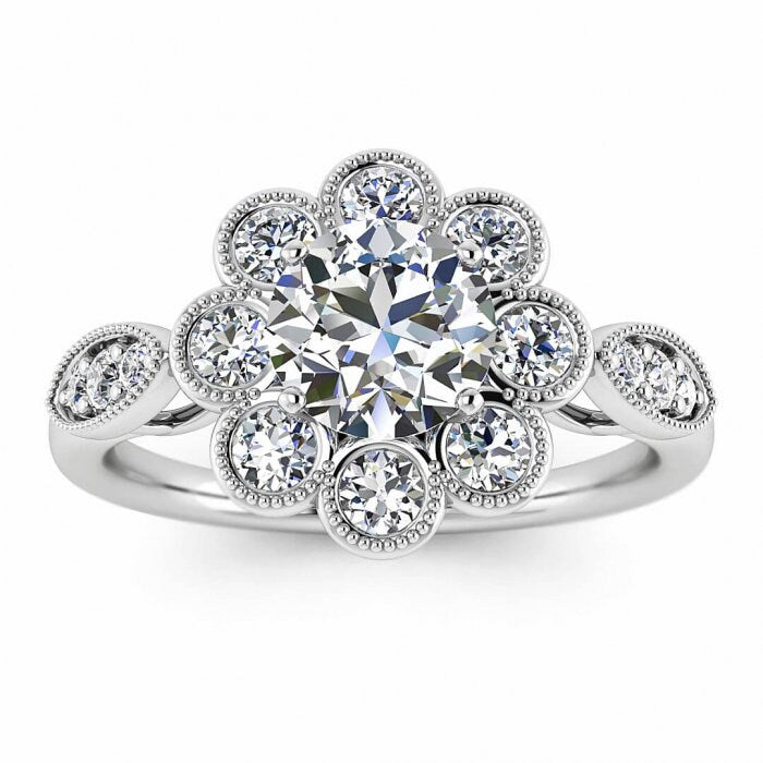 White Gold Moissanite Ring (1/2 Ct. Tw.) Floating Gallery, Milgrain, Flower Shaped Bezel Halo, Gemstone Set Shoulders, Flower Flower