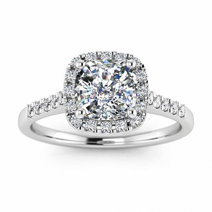 White Gold Cushion Cut Diamond Halo Ring (1/4 Ct. Tw.) Cushion Halo, French Pave, Moissanite Engagement Ring Gaia