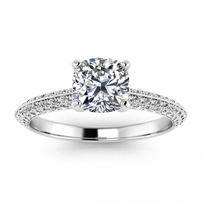 White Gold Cushion Cut Moissanite Clustered Engagement Ring (1/2 Ct. Tw.) Double Paved, Knife Edge Band, Paved Prongs, Gracia