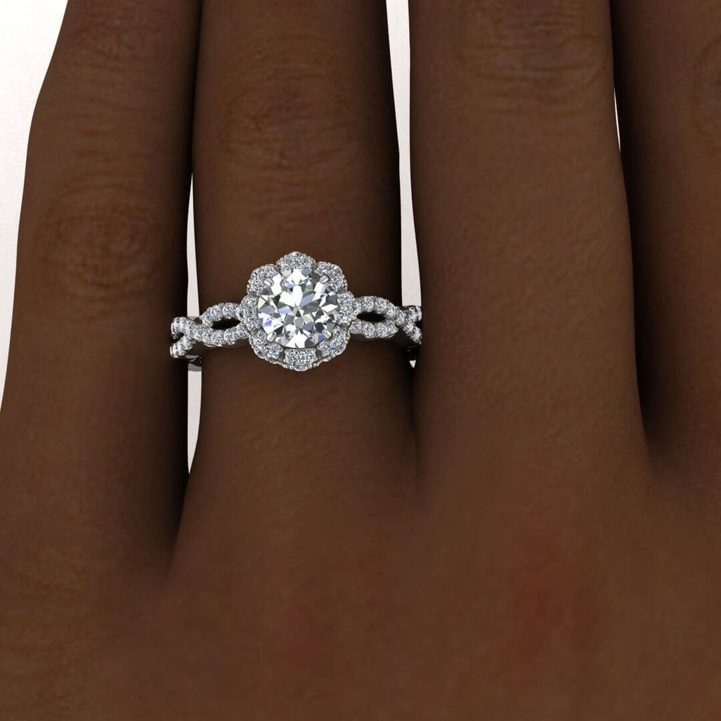 White Gold Halo Moissanite Ring (2/3 Ct. Tw.) Gemstone Gallery, Scalloped Pave, Infinity Shaped Band, Tulip Gallery, Iris