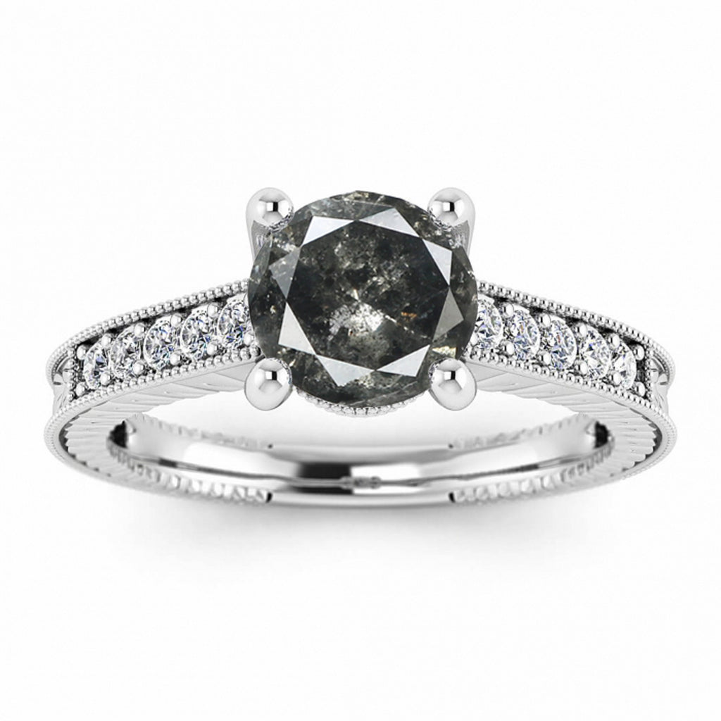 Raw Salt And Pepper Diamond Ring White Gold Salt And Pepper Diamond Ring (1/8 Ct. Tw.) Milgrain, Vintage Design,Hand Engraved Carving, Isla
