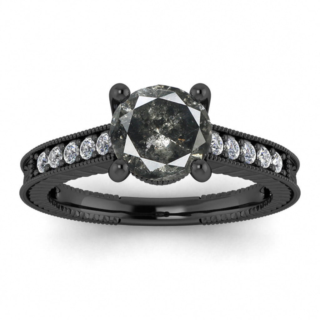 Raw Salt And Pepper Diamond Ring White Gold Salt And Pepper Diamond Ring (1/8 Ct. Tw.) Milgrain, Vintage Design,Hand Engraved Carving, Isla