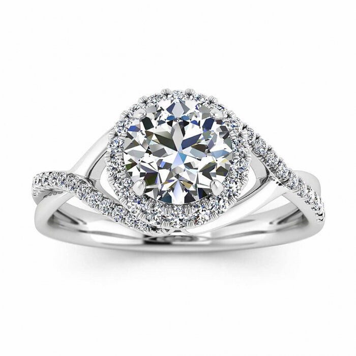 White Gold Twisted Halo Moissanite Engagement Ring (1/5 Ct. Tw.) Pave Set Accent Gemstone,Halo Setting,Split Shank,Entwined Open Gallery,Joy