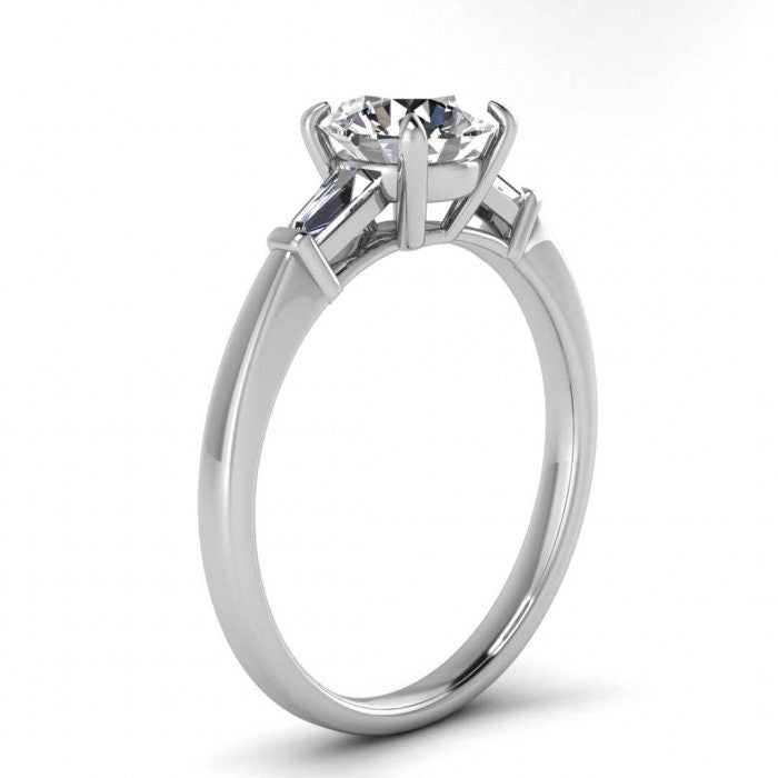 White Gold Moissanite Tapered Baguette Ring (1/5 Ct. Tw.) Tapered Baguette, Tapered Band, Bar Set Gemstone, Claw Prongs, Kara