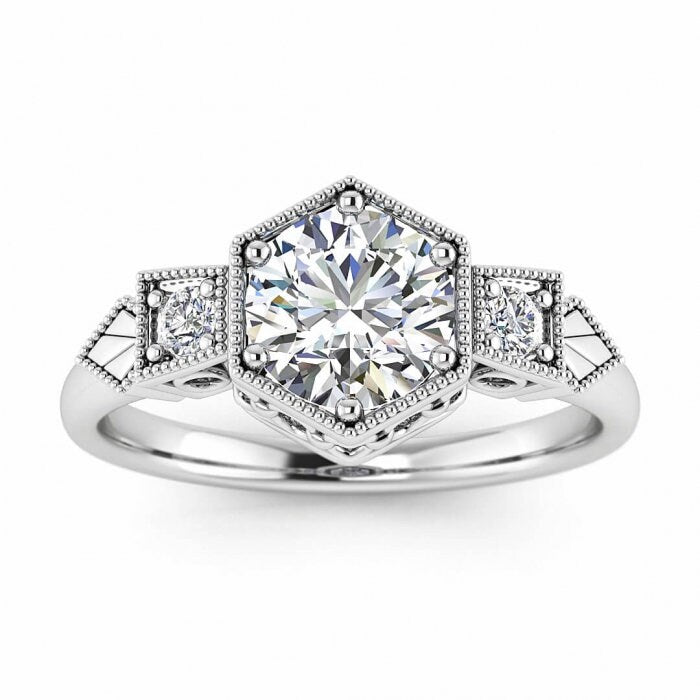 White Gold Hexagon Moissanite Ring (1/9 Ct. Tw.) Vintage Style, Milgrain, Hexagon Setting,love Chain Gallery, Pave Accents, Kyla