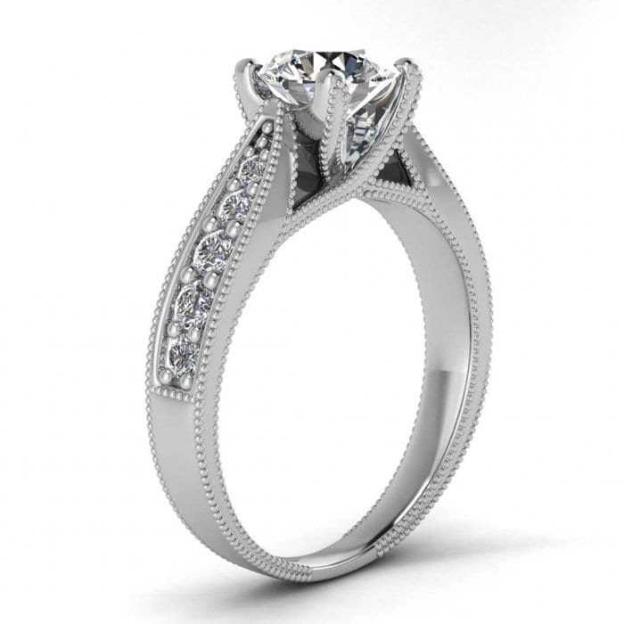 White Gold Vintage Milgrained Moissanite Engagement Ring (1/3 Ct. Tw.) Channel Pave Accent, Milgrain, Intertwined Prongs, Lark