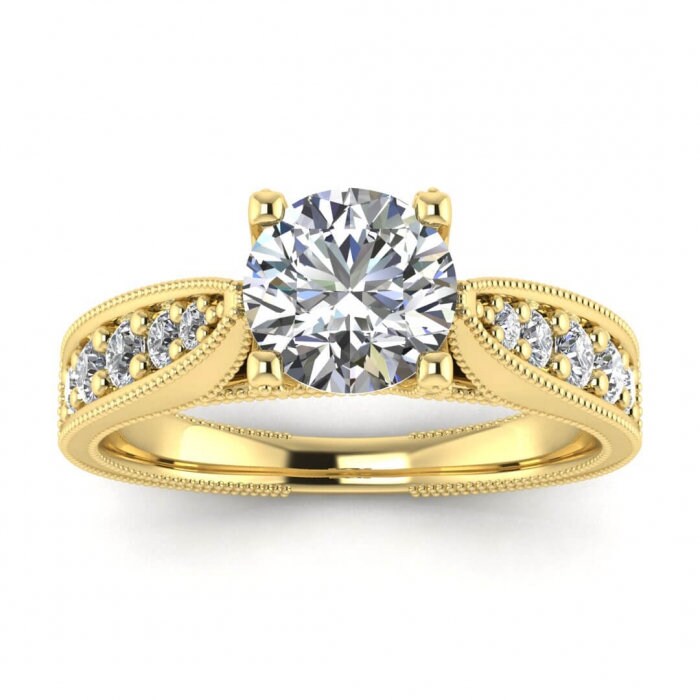 White Gold Vintage Milgrained Moissanite Engagement Ring (1/3 Ct. Tw.) Channel Pave Accent, Milgrain, Intertwined Prongs, Lark