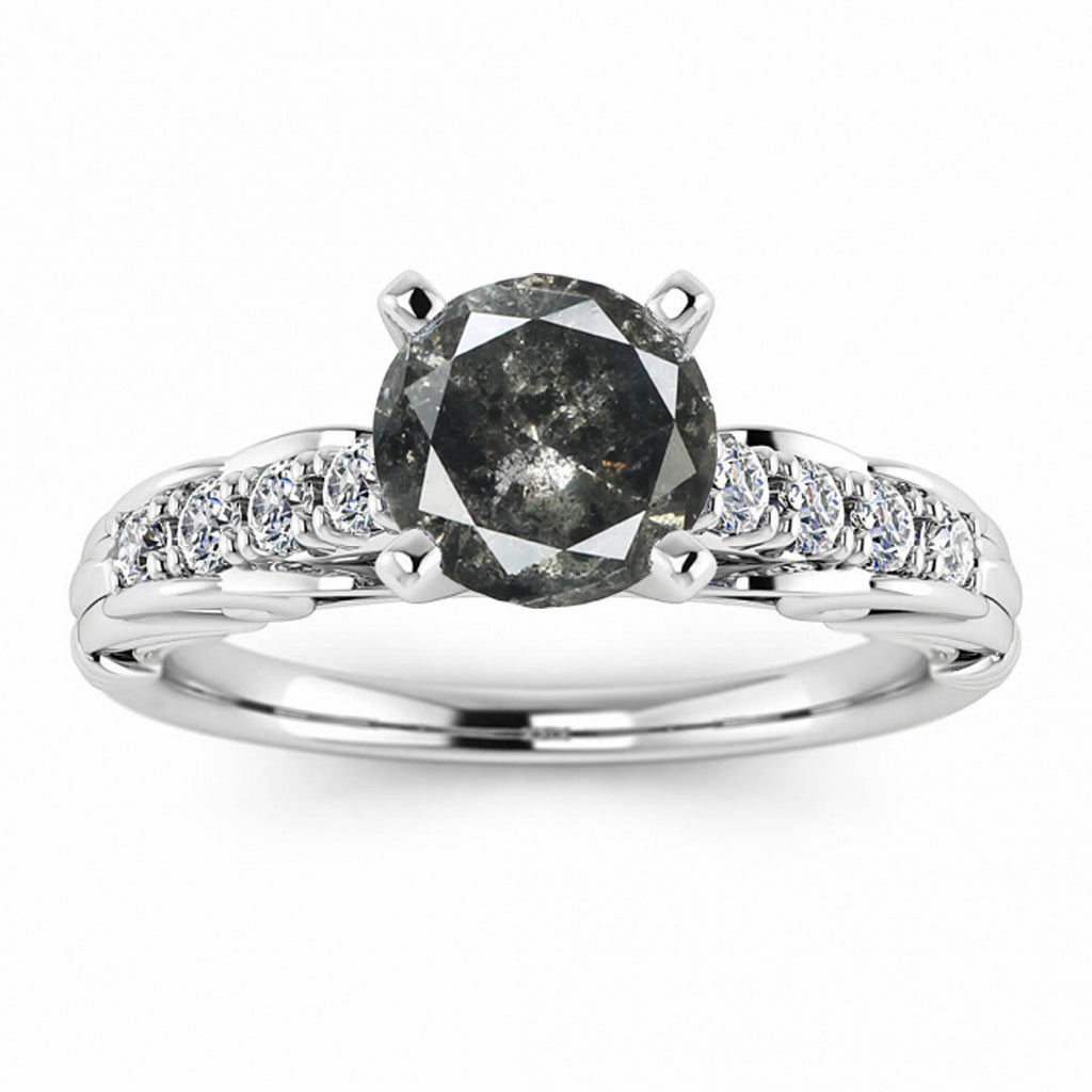 Raw Salt And Pepper Diamond Ring White Gold Vintage Style Salt And Pepper Diamond Ring (1/5 Ct. Tw.)Blooming Shoulders, Tapered Bottom, Tay