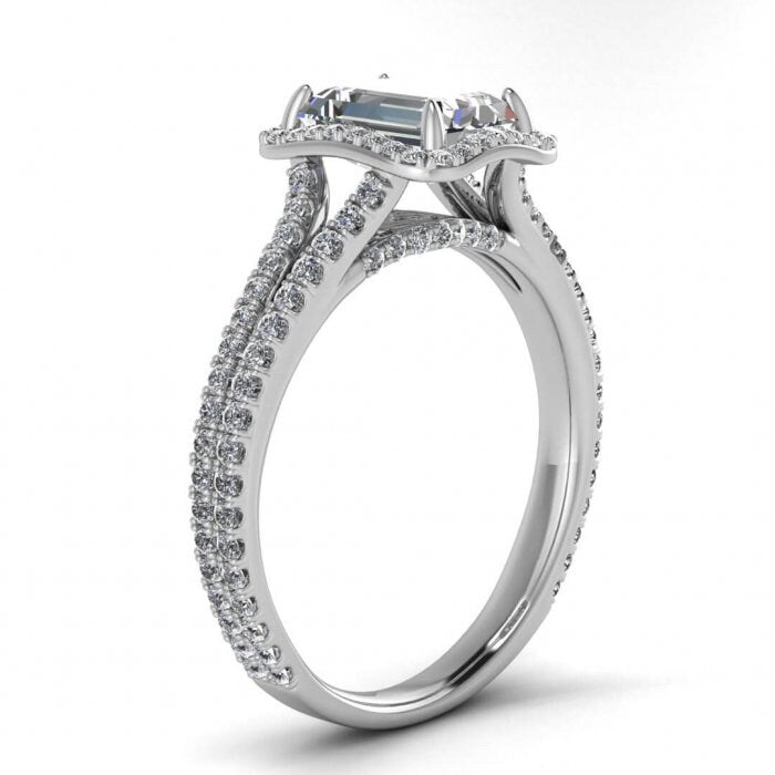 White Gold Emerald Cut Moissanite Halo Ring (1/2 Ct. Tw.) Gemstone Encrusted, Paved, Emerald Shape Halo, Adorned Profile, Maeva