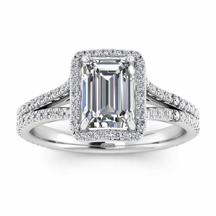 White Gold Emerald Cut Moissanite Halo Ring (1/2 Ct. Tw.) Gemstone Encrusted, Paved, Emerald Shape Halo, Adorned Profile, Maeva