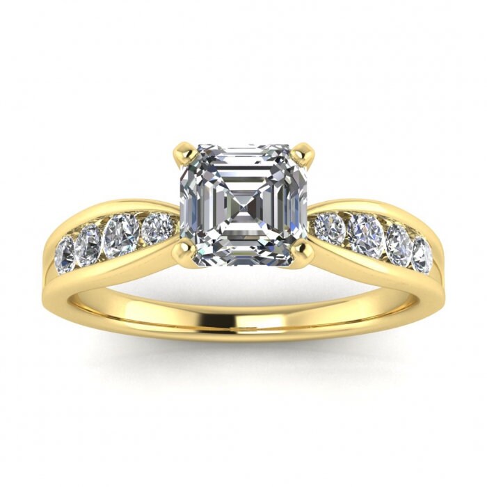 White Gold Tapered Channel Set Asscher Cut Moissanite Ring (1/4 Ct. Tw.) Tapered Band, Channel Set, Prongs Setting, Maven