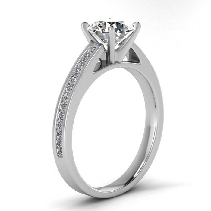 White Gold Unique Channel Set Moissanite Ring (1/7 Ct. Tw.) Channel Setting Accents, Prongs Center Gemstone, bridged Band, Navi