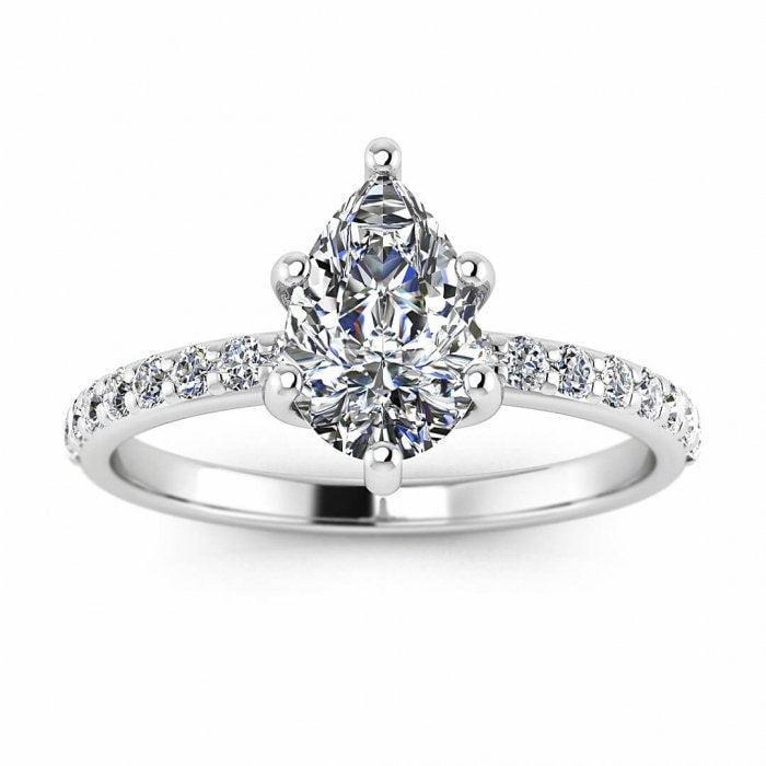 White Gold Scalloped Pave Pear Shaped Moissanite Ring (1/7 Ct. Tw.) Shared Prongs Pave, Delicate Band, Prongs Settings, Nola