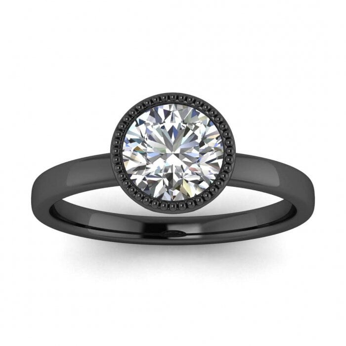 White Gold Round Bezel Ring Unique Basket Gallery, Milgrained Bezel, Moissanite Engagement Ring Nyla