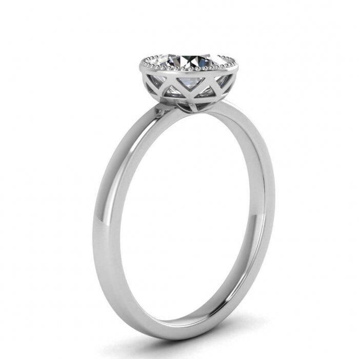 White Gold Round Bezel Ring Unique Basket Gallery, Milgrained Bezel, Moissanite Engagement Ring Nyla