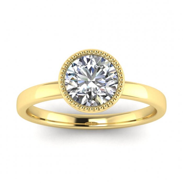 White Gold Round Bezel Ring Unique Basket Gallery, Milgrained Bezel, Moissanite Engagement Ring Nyla
