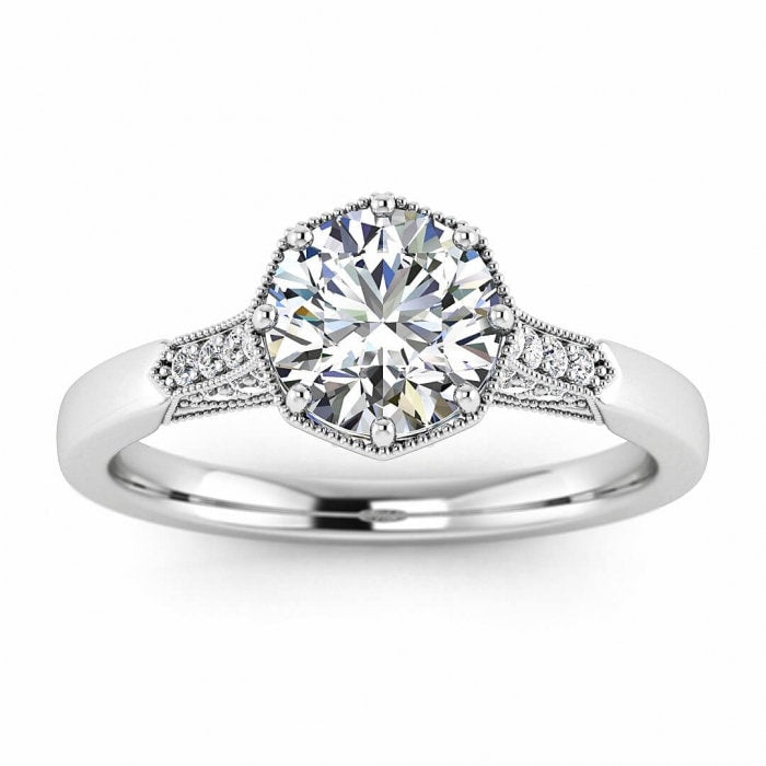 White Gold Milgrain Moissanite Ring (1/10 Ct. Tw.) Milgrain, adorned Setting, pave Setting, Octagon Center Setting, Octagon