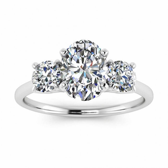 White Gold Thin Band Three Stone Oval Moissanite Ring (1/2 Ct. Tw.) Delicate Band, Claw Prongs, Three Stone Ring, Ovy