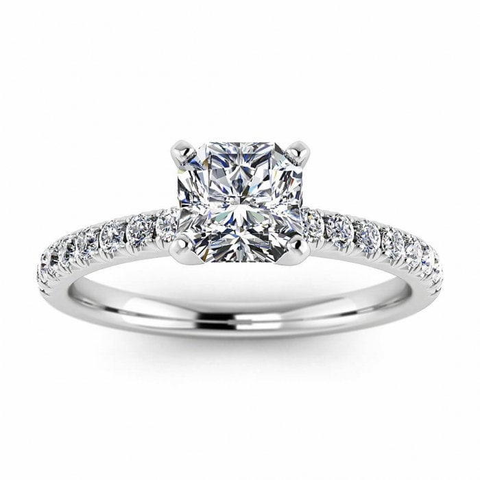 White Gold Paved Radiant Cut Moissanite Ring (1/4 Ct. Tw.) French Pave Accents, High Profile Prongs Setting