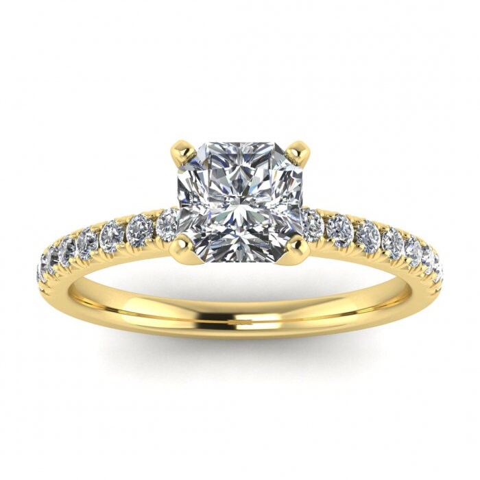 White Gold Paved Radiant Cut Moissanite Ring (1/4 Ct. Tw.) French Pave Accents, High Profile Prongs Setting