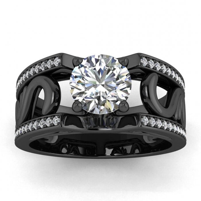 White Gold Vintage Styled Wide Band Moissanite Ring (1/3 Ct. Tw.) Paved Edges, Antique Filigree,wide Band, Riva