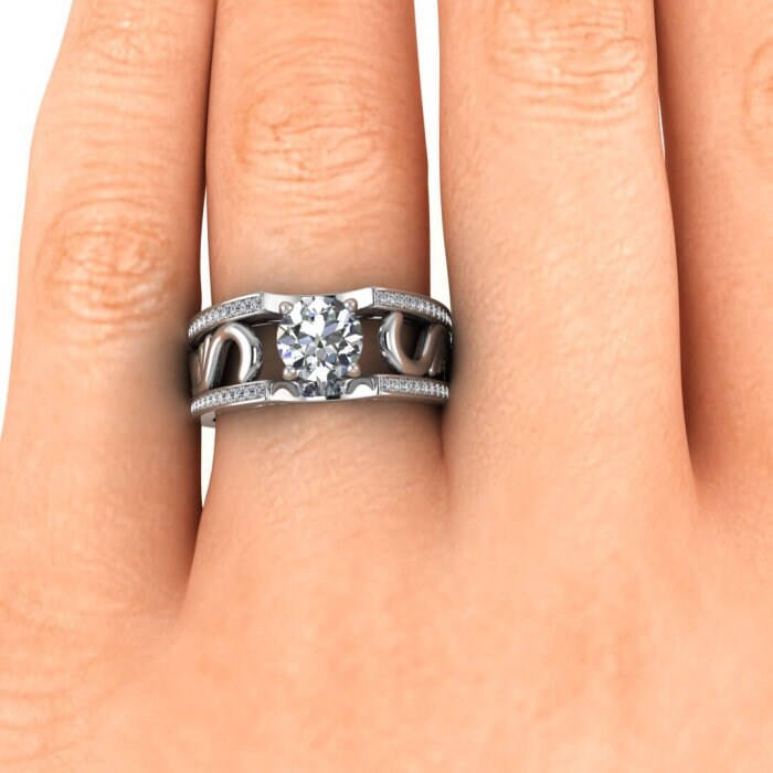 White Gold Vintage Styled Wide Band Moissanite Ring (1/3 Ct. Tw.) Paved Edges, Antique Filigree,wide Band, Riva