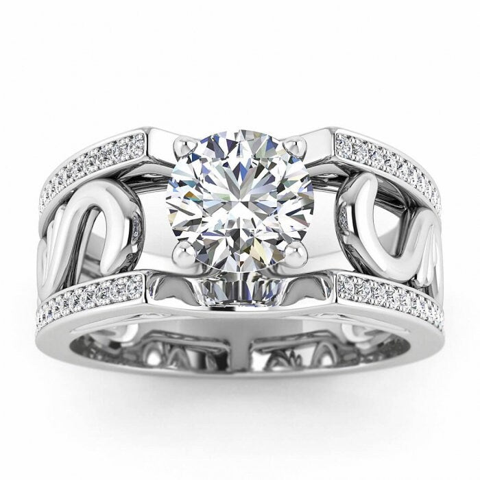 White Gold Vintage Styled Wide Band Moissanite Ring (1/3 Ct. Tw.) Paved Edges, Antique Filigree,wide Band, Riva