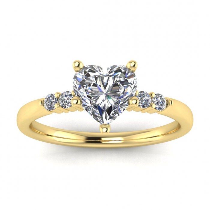 White Gold Delicate Heart Shaped Moissanite Shared Prongs Ring (1/7 Ct. Tw.) Shared Prongs Accents, Delicate Band,high Profile Setting,River