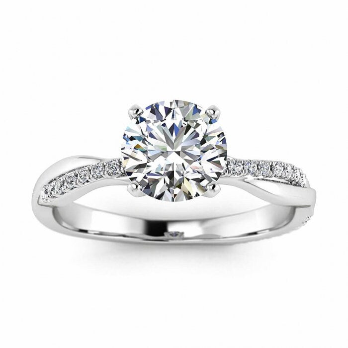 White Gold Intertwined Double Band Moissanite Ring (1/8 Ct. Tw.) Delicate Double Band, Scalloped Pave, Prongs Setting, Tal