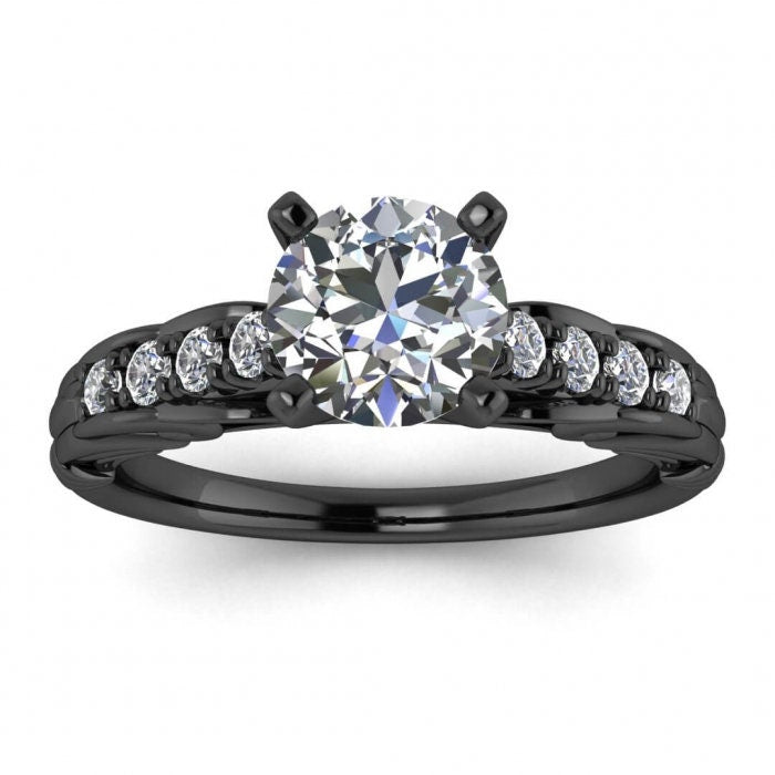 White Gold Vintage Style Moissanite Ring (1/5 Ct. Tw.) Blooming Shoulders, Tapered Bottom With Wraps, Pave Set Accents, High Profile, Tay