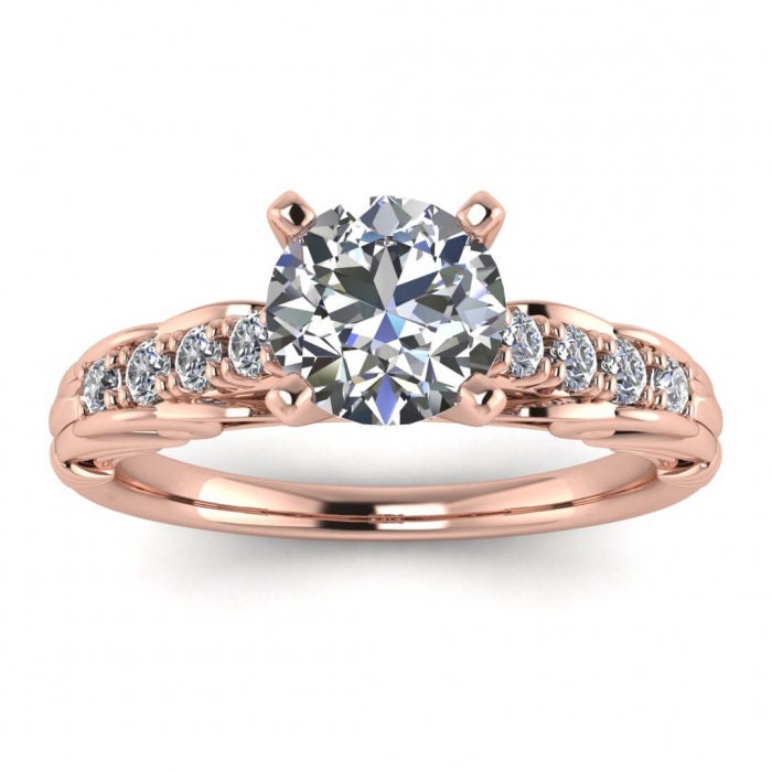 White Gold Vintage Style Moissanite Ring (1/5 Ct. Tw.) Blooming Shoulders, Tapered Bottom With Wraps, Pave Set Accents, High Profile, Tay