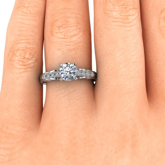 White Gold Vintage Style Moissanite Ring (1/5 Ct. Tw.) Blooming Shoulders, Tapered Bottom With Wraps, Pave Set Accents, High Profile, Tay