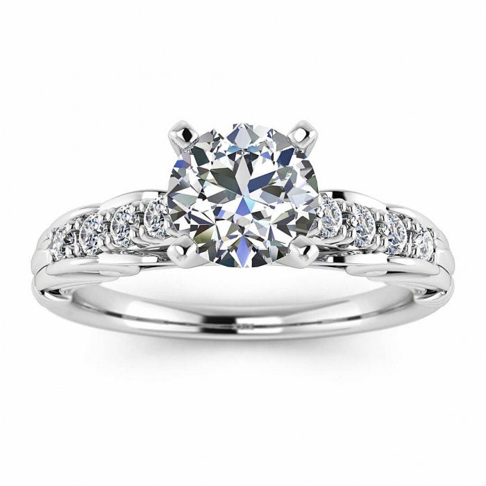 White Gold Vintage Style Moissanite Ring (1/5 Ct. Tw.) Blooming Shoulders, Tapered Bottom With Wraps, Pave Set Accents, High Profile, Tay