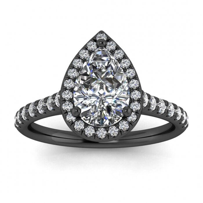 White Gold Pear Halo Pear Moissanite Ring (1/3 Ct. Tw.) Scalloped Pave Accents, Bridged Gallery, Pear Shaped Halo, Tear Of Joy