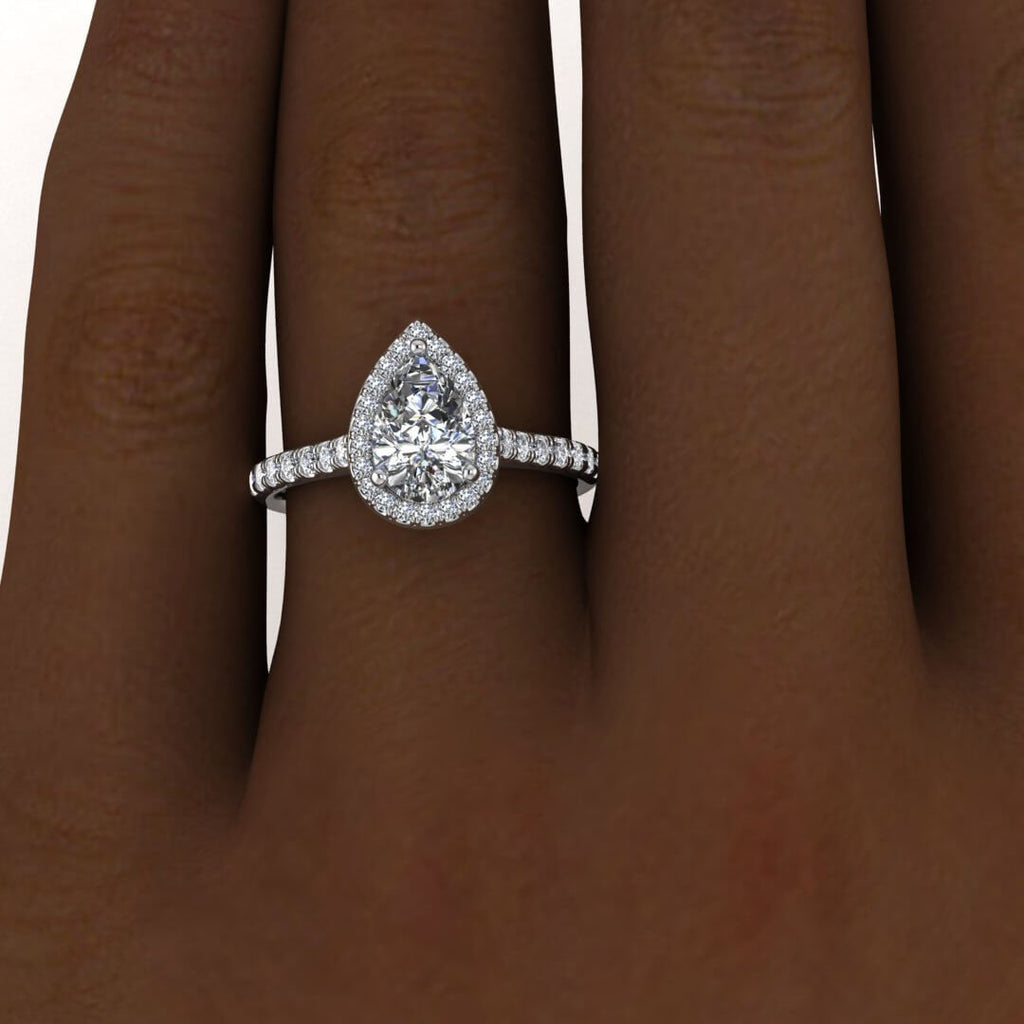 White Gold Pear Halo Pear Moissanite Ring (1/3 Ct. Tw.) Scalloped Pave Accents, Bridged Gallery, Pear Shaped Halo, Tear Of Joy